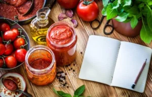 Ingredientes frescos y frascos de salsa en una mesa de cocina, simbolizando infusión de energía.