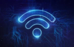 Símbolo digital de Wi-fi gratis brillando en un fondo tecnológico azul