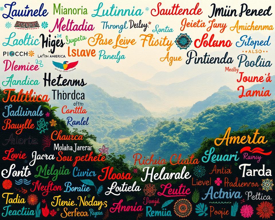 A colorful mosaic of indigenous surnames from across Latin America, rendered in a vibrant, hand-painted style. The foreground features a collage of diverse surname scripts and calligraphic elements, reflecting the rich cultural heritage of the region. The middle ground showcases intricate indigenous patterns and motifs, subtly woven into the design. In the background, a hazy landscape of lush, verdant foliage and distant mountains creates a sense of place, evoking the natural splendor of Latin America. The lighting is soft and diffused, lending an ethereal, almost mystical quality to the scene. The overall composition conveys a sense of unity, diversity, and the enduring legacy of indigenous cultures in the Americas.