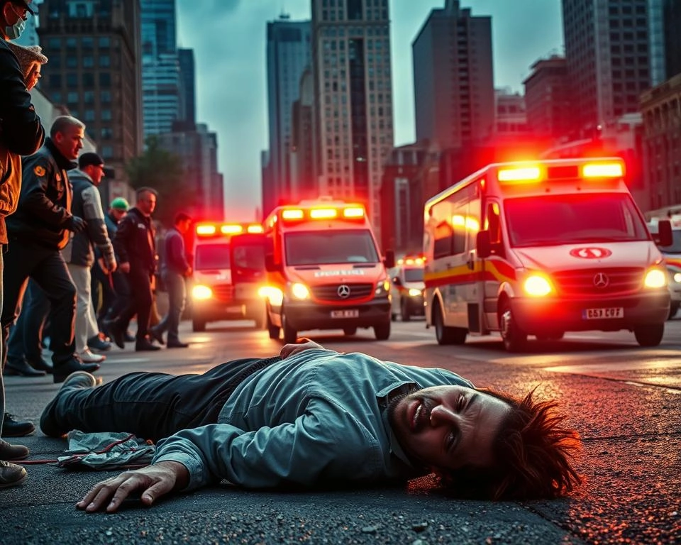 A harrowing scene of emergency unfolding, with a person in distress at the center of the frame. The foreground depicts the individual lying on the ground, their face twisted in pain, surrounded by concerned onlookers rushing to their aid. The middle ground features a tangle of emergency vehicles, their lights flashing and sirens blaring, as paramedics hurry to the scene. In the background, a cityscape of towering buildings sets the stage, conveying a sense of urgency and the need for immediate action. The lighting is harsh and dramatic, casting dramatic shadows and highlighting the gravity of the situation. The overall mood is one of tension and high-stakes, emphasizing the importance of first aid knowledge and preparedness in the face of unexpected emergencies. A harrowing scene of emergency unfolding, with a person in distress at the center of the frame. The foreground depicts the individual lying on the ground, their face twisted in pain, surrounded by concerned onlookers rushing to their aid. The middle ground features a tangle of emergency vehicles, their lights flashing and sirens blaring, as paramedics hurry to the scene. In the background, a cityscape of towering buildings sets the stage, conveying a sense of urgency and the need for immediate action. The lighting is harsh and dramatic, casting dramatic shadows and highlighting the gravity of the situation. The overall mood is one of tension and high-stakes, emphasizing the importance of first aid knowledge and preparedness in the face of unexpected emergencies.
