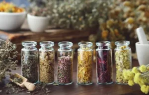 Frascos de vidrio con diferentes hierbas secas naturales utilizadas para activar el deseo de forma saludable y tradicional