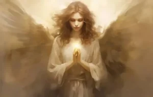 Anjo da guarda com asas abertas e luz brilhando entre as mãos, transmitindo proteção e serenidade