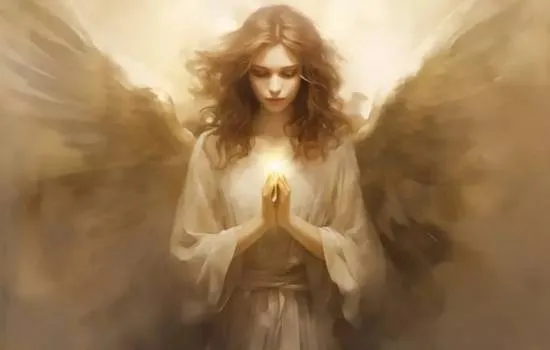 Anjo da guarda com asas abertas e luz brilhando entre as mãos, transmitindo proteção e serenidade