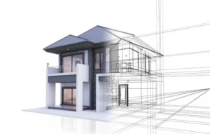 Renderizado de una casa moderna junto a sus planos de casas digitales, combinando diseño arquitectónico y visualización estructural.