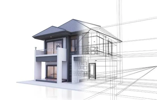 Renderizado de una casa moderna junto a sus planos de casas digitales, combinando diseño arquitectónico y visualización estructural.