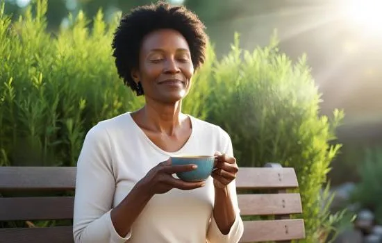 Mujer disfrutando una taza de té al aire libre con expresión de bienestar, representando cómo aumentar su vitalidad de forma natural