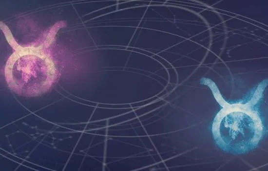 Símbolos zodiacales en tonos rosa y azul representando la conexión entre dos signos, sobre un fondo astrológico oscuro.