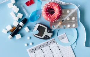 Kit de control de glucosa con medidor, jeringa, pastillas, cubos de azúcar y una dona, representando los desafíos diarios en el manejo de la diabetes.