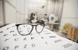 Lentes apoyados sobre una carta optométrica en un consultorio de oftalmología, enfocando la importancia de un examen visual regular Cuida tus ojos.