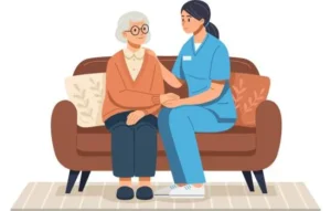 Ilustración de una cuidadora profesional sentada junto a una persona anciana en un sofá, mostrando apoyo emocional y compañía en un ambiente hogareño.