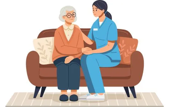 Ilustración de una cuidadora profesional sentada junto a una persona anciana en un sofá, mostrando apoyo emocional y compañía en un ambiente hogareño.