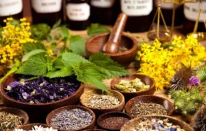 Selección de hierbas afrodisíacas naturales en tazones de madera sobre una mesa rústica, utilizadas para potenciar el deseo y la energía vital