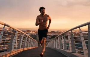 Hombre corriendo sin camiseta al atardecer sobre un puente urbano, representando energía y motivación para mantenerte en forma.