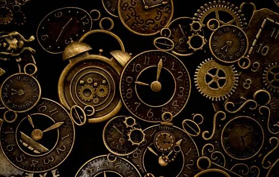 Conjunto de relojes antiguos de estilo steampunk simbolizando el misterio del tiempo y conexiones con la vida pasada.