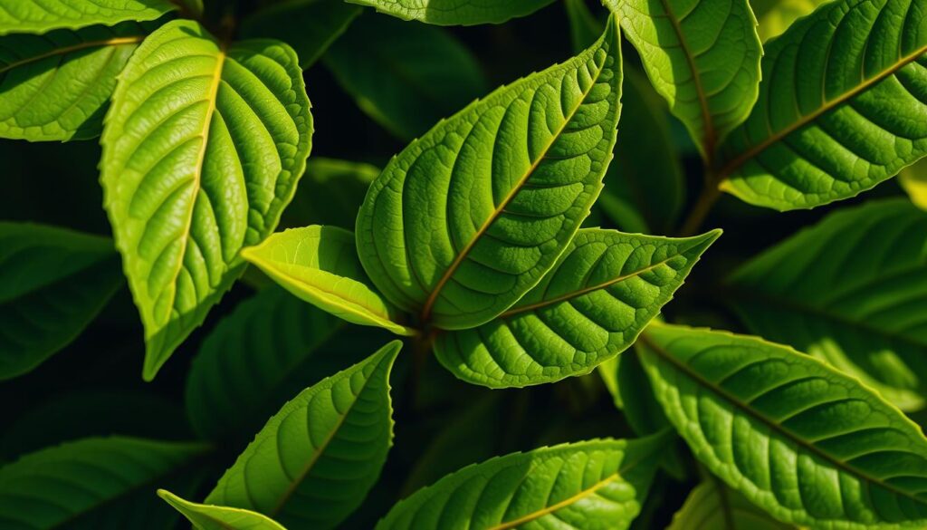 A detailed close-up view of fresh, vibrant green Camellia sinensis leaves, the plant from which tea is derived. The leaves are evenly lit from above, casting gentle shadows and highlights that accentuate their delicate, velvety textures and intricate venation. The lighting is natural and warm, imparting a sense of vitality and healthfulness. The background is softly blurred, putting the focus squarely on the captivating beauty and inherent properties of this remarkable plant. The overall composition and mood conveys the restorative and rejuvenating essence of premium quality tea. A detailed close-up view of fresh, vibrant green Camellia sinensis leaves, the plant from which tea is derived. The leaves are evenly lit from above, casting gentle shadows and highlights that accentuate their delicate, velvety textures and intricate venation. The lighting is natural and warm, imparting a sense of vitality and healthfulness. The background is softly blurred, putting the focus squarely on the captivating beauty and inherent properties of this remarkable plant. The overall composition and mood conveys the restorative and rejuvenating essence of premium quality tea.