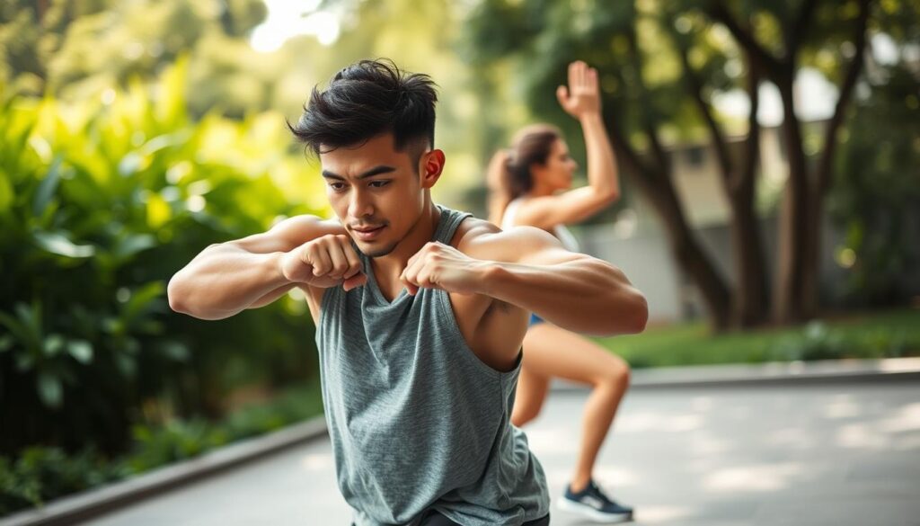 A dynamic individual engaged in a rigorous physical training session, their body in motion against a backdrop of lush greenery and natural light. The foreground captures the focus and determination in their expression as they push their limits, muscles flexing with each movement. The middle ground showcases the elegance and fluidity of their movements, the sense of balance and control. In the background, a serene outdoor setting with soft, diffused lighting creates a calming atmosphere, complementing the energy and vitality of the scene. This image evokes the benefits of the vitality tea, highlighting its ability to enhance physical performance and overall well-being. A dynamic individual engaged in a rigorous physical training session, their body in motion against a backdrop of lush greenery and natural light. The foreground captures the focus and determination in their expression as they push their limits, muscles flexing with each movement. The middle ground showcases the elegance and fluidity of their movements, the sense of balance and control. In the background, a serene outdoor setting with soft, diffused lighting creates a calming atmosphere, complementing the energy and vitality of the scene. This image evokes the benefits of the vitality tea, highlighting its ability to enhance physical performance and overall well-being.