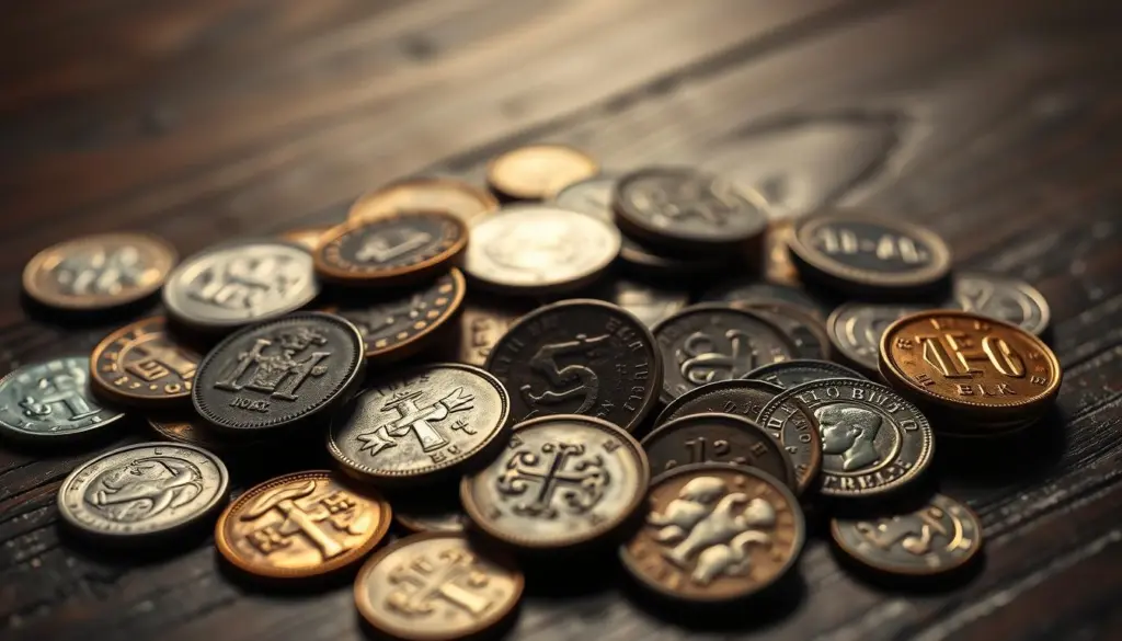 A high-quality photograph of an assortment of rare and valuable coins, displayed on a dark wooden surface. The coins are carefully arranged, showcasing their intricate designs and varying ages. The lighting is soft and warm, creating a sense of depth and highlighting the textural details of the metal. The background is slightly blurred, subtly drawing the viewer's attention to the coins. The composition is balanced and visually appealing, conveying the inherent value and significance of these numismatic treasures.
