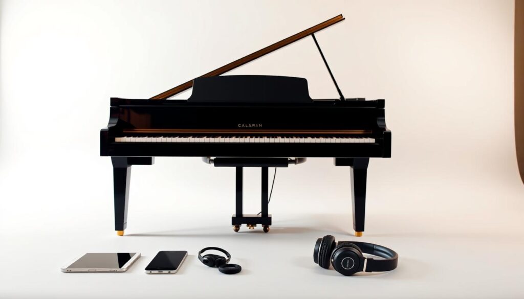 A modern, minimalist studio setup featuring a sleek, black grand piano set against a simple, white backdrop. The piano is surrounded by various digital devices - a smartphone, tablet, and wireless headphones - symbolizing the integration of technology with the traditional art of piano playing. Soft, warm lighting illuminates the scene, creating a serene and contemplative atmosphere. The overall composition emphasizes the harmonious blend of classic and contemporary elements, suggesting the possibilities of using mobile apps to enhance the piano learning experience. A modern, minimalist studio setup featuring a sleek, black grand piano set against a simple, white backdrop. The piano is surrounded by various digital devices - a smartphone, tablet, and wireless headphones - symbolizing the integration of technology with the traditional art of piano playing. Soft, warm lighting illuminates the scene, creating a serene and contemplative atmosphere. The overall composition emphasizes the harmonious blend of classic and contemporary elements, suggesting the possibilities of using mobile apps to enhance the piano learning experience.