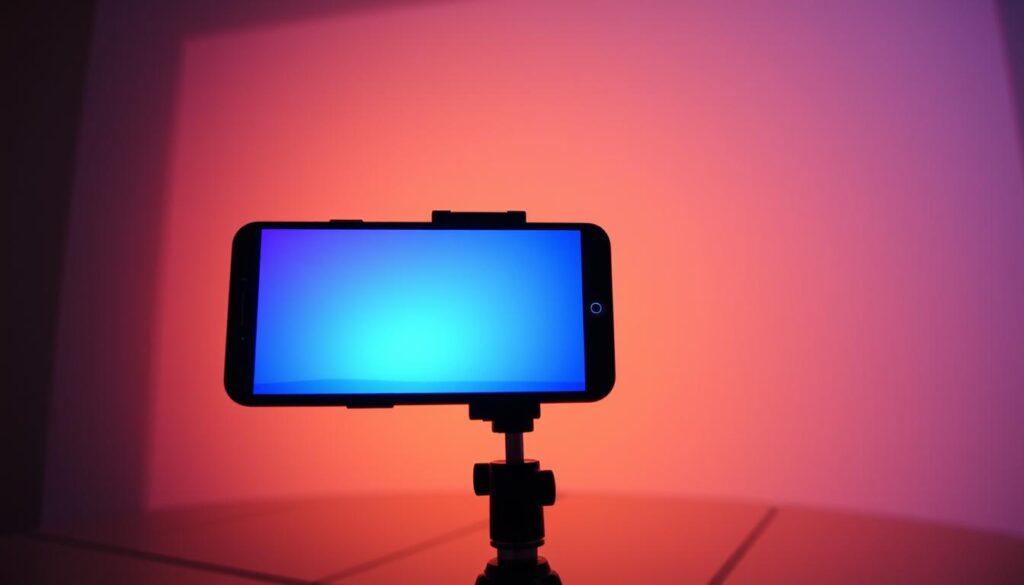 A smartphone displaying a projection on a blank wall, with vibrant colors and sharp focus. The projection is clear and well-defined, filling a large portion of the wall, creating an immersive visual experience. The smartphone is positioned on a stand or tripod, tilted slightly upwards to optimize the projection angle. The room is dimly lit, creating a cinematic atmosphere, with subtle shadows and highlights accentuating the projected image. The overall scene conveys the concept of transforming a mobile device into a portable, high-quality projector for personal or small-group viewing. A smartphone displaying a projection on a blank wall, with vibrant colors and sharp focus. The projection is clear and well-defined, filling a large portion of the wall, creating an immersive visual experience. The smartphone is positioned on a stand or tripod, tilted slightly upwards to optimize the projection angle. The room is dimly lit, creating a cinematic atmosphere, with subtle shadows and highlights accentuating the projected image. The overall scene conveys the concept of transforming a mobile device into a portable, high-quality projector for personal or small-group viewing.