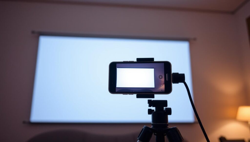A smartphone screen projecting a large, crisp image onto a white wall in a dimly lit room. The phone is held up by a sturdy, adjustable tripod stand, allowing for precise positioning and angle. Soft, warm lighting illuminates the projected image, creating a cozy, inviting atmosphere. The projection is clear, with vibrant colors and sharp details, showcasing the high-quality performance of the screen mirroring app. The background is uncluttered, keeping the focus on the impressive screen projection. A smartphone screen projecting a large, crisp image onto a white wall in a dimly lit room. The phone is held up by a sturdy, adjustable tripod stand, allowing for precise positioning and angle. Soft, warm lighting illuminates the projected image, creating a cozy, inviting atmosphere. The projection is clear, with vibrant colors and sharp details, showcasing the high-quality performance of the screen mirroring app. The background is uncluttered, keeping the focus on the impressive screen projection.