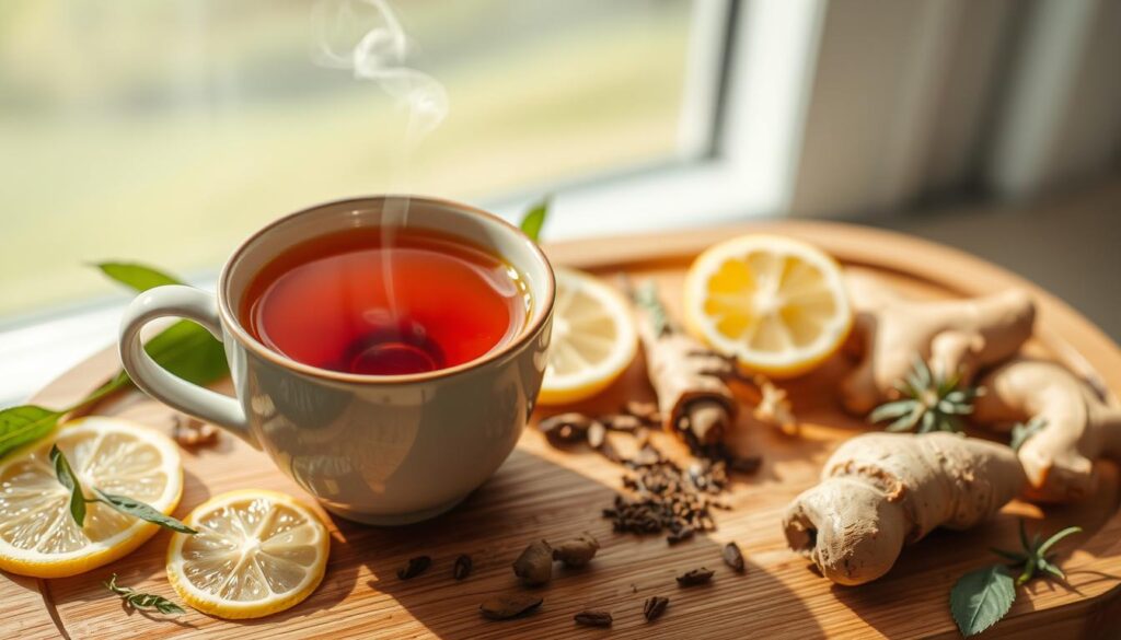 A tranquil and vibrant scene depicting the properties of the vitality tea. In the foreground, a ceramic cup filled with a rich, amber-colored tea, steam gently rising from the surface. Surrounding the cup, an assortment of fresh, colorful ingredients such as lemon slices, ginger root, and a sprinkling of herbs. In the middle ground, a wooden table or tray, its natural grain and texture adding warmth to the composition. The background features a soft, blurred landscape, hinting at a serene, natural setting, perhaps with a glimpse of greenery or a calming sky. The lighting is natural and diffused, casting a soothing glow over the scene. The overall mood is one of tranquility, inviting the viewer to pause, savor the tea, and experience its revitalizing properties. A tranquil and vibrant scene depicting the properties of the vitality tea. In the foreground, a ceramic cup filled with a rich, amber-colored tea, steam gently rising from the surface. Surrounding the cup, an assortment of fresh, colorful ingredients such as lemon slices, ginger root, and a sprinkling of herbs. In the middle ground, a wooden table or tray, its natural grain and texture adding warmth to the composition. The background features a soft, blurred landscape, hinting at a serene, natural setting, perhaps with a glimpse of greenery or a calming sky. The lighting is natural and diffused, casting a soothing glow over the scene. The overall mood is one of tranquility, inviting the viewer to pause, savor the tea, and experience its revitalizing properties.