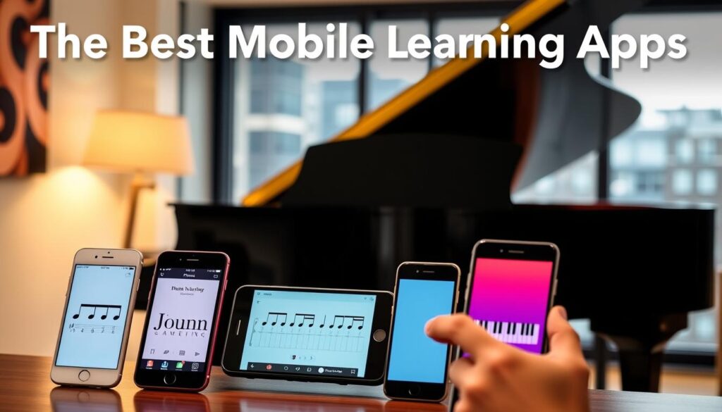 A vibrant and engaging image showcasing the best mobile piano learning apps. In the foreground, multiple smartphone screens display various app interfaces, their designs clean and intuitive. The middle ground features a grand piano, its sleek black finish reflecting the modern aesthetic. Soft, diffused lighting illuminates the scene, creating a warm and inviting atmosphere. In the background, a blurred cityscape or home interior provides a suitable context, hinting at the versatility of these mobile piano apps. The overall composition conveys a sense of accessibility, technology, and the joy of learning to play the piano on the go. A vibrant and engaging image showcasing the best mobile piano learning apps. In the foreground, multiple smartphone screens display various app interfaces, their designs clean and intuitive. The middle ground features a grand piano, its sleek black finish reflecting the modern aesthetic. Soft, diffused lighting illuminates the scene, creating a warm and inviting atmosphere. In the background, a blurred cityscape or home interior provides a suitable context, hinting at the versatility of these mobile piano apps. The overall composition conveys a sense of accessibility, technology, and the joy of learning to play the piano on the go.