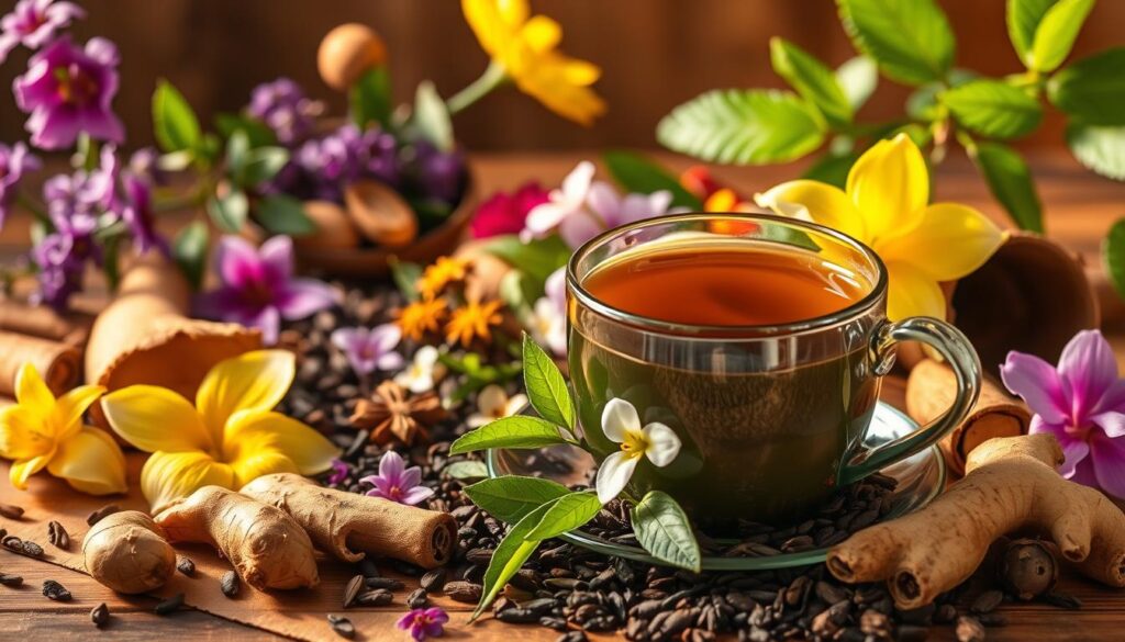 A vibrant herbal tea arrangement showcasing the natural benefits for male performance, captured in a warm, inviting still life. Beautifully arranged tea leaves, flowers, and natural aphrodisiac ingredients like ginger, cinnamon, and ginseng, bathed in soft, golden lighting that highlights their rich colors and textures. The scene exudes an air of tranquility and vitality, suggesting the holistic, restorative power of this natural elixir. Photographed from a slightly elevated perspective to create an engaging, appetizing composition that captures the essence of this rejuvenating tea blend. A vibrant herbal tea arrangement showcasing the natural benefits for male performance, captured in a warm, inviting still life. Beautifully arranged tea leaves, flowers, and natural aphrodisiac ingredients like ginger, cinnamon, and ginseng, bathed in soft, golden lighting that highlights their rich colors and textures. The scene exudes an air of tranquility and vitality, suggesting the holistic, restorative power of this natural elixir. Photographed from a slightly elevated perspective to create an engaging, appetizing composition that captures the essence of this rejuvenating tea blend.