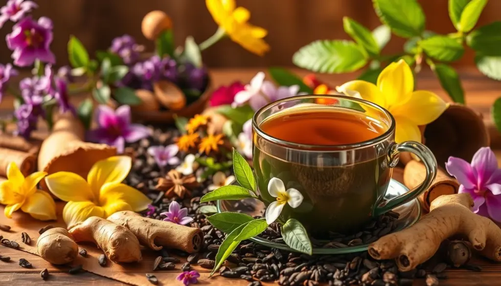 A vibrant herbal tea arrangement showcasing the natural benefits for male performance, captured in a warm, inviting still life. Beautifully arranged tea leaves, flowers, and natural aphrodisiac ingredients like ginger, cinnamon, and ginseng, bathed in soft, golden lighting that highlights their rich colors and textures. The scene exudes an air of tranquility and vitality, suggesting the holistic, restorative power of this natural elixir. Photographed from a slightly elevated perspective to create an engaging, appetizing composition that captures the essence of this rejuvenating tea blend.