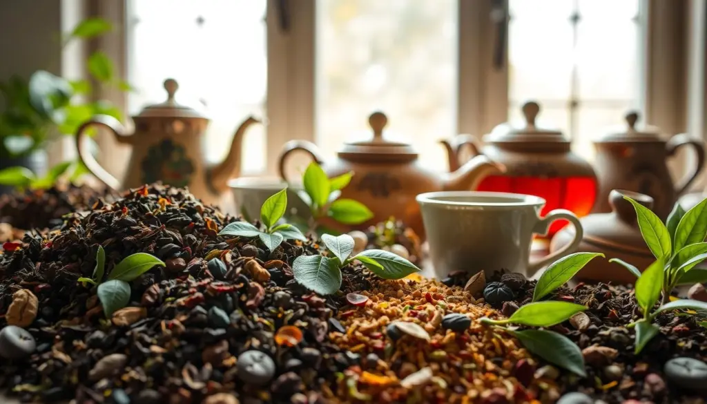 A vibrant still life capturing an array of natural teas, each brimming with energizing vitality. In the foreground, an assortment of tea leaves, herbs, and spices are artfully arranged, their rich colors and textures drawing the eye. The middle ground features a selection of traditional teapots and cups, their elegant forms hinting at the comforting ritual of tea-making. In the background, a softly-lit window allows natural light to filter in, casting a warm, ambient glow over the scene. The overall composition conveys a sense of balance, tranquility, and the restorative power of these healthful, natural teas.