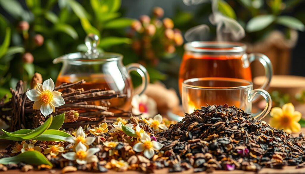 A vibrant still life scene capturing the natural benefits of vitality tea. In the foreground, an artfully arranged display of the tea leaves and flowers, lit by warm, soft lighting that accentuates their earthy tones and textures. In the middle ground, a glass teapot and cup, steam gently rising, conveying the soothing, rejuvenating experience of drinking the tea. The background features lush greenery and soothing natural elements, evoking a sense of harmony and balance. The overall composition exudes a tranquil, wellness-focused atmosphere, visually communicating the healthful properties of this revitalizing beverage. A vibrant still life scene capturing the natural benefits of vitality tea. In the foreground, an artfully arranged display of the tea leaves and flowers, lit by warm, soft lighting that accentuates their earthy tones and textures. In the middle ground, a glass teapot and cup, steam gently rising, conveying the soothing, rejuvenating experience of drinking the tea. The background features lush greenery and soothing natural elements, evoking a sense of harmony and balance. The overall composition exudes a tranquil, wellness-focused atmosphere, visually communicating the healthful properties of this revitalizing beverage.