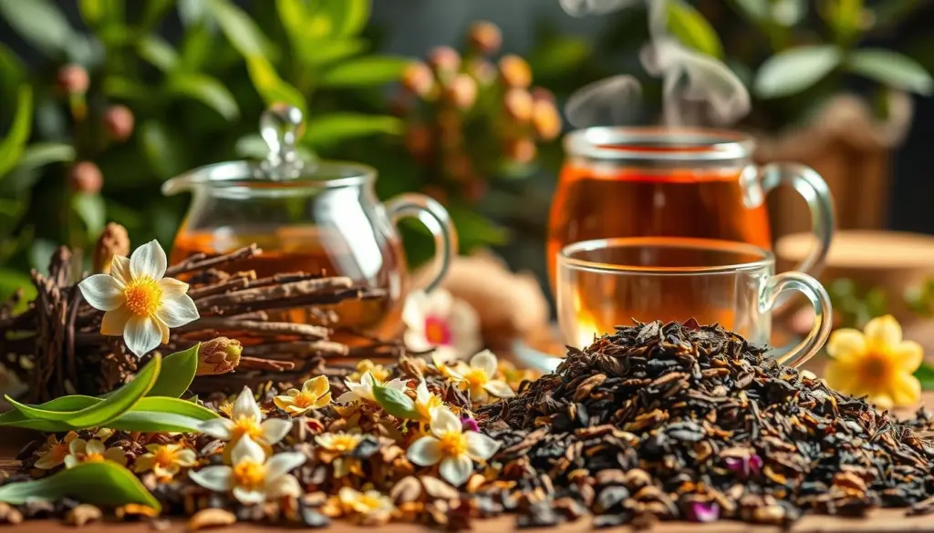 A vibrant still life scene capturing the natural benefits of vitality tea. In the foreground, an artfully arranged display of the tea leaves and flowers, lit by warm, soft lighting that accentuates their earthy tones and textures. In the middle ground, a glass teapot and cup, steam gently rising, conveying the soothing, rejuvenating experience of drinking the tea. The background features lush greenery and soothing natural elements, evoking a sense of harmony and balance. The overall composition exudes a tranquil, wellness-focused atmosphere, visually communicating the healthful properties of this revitalizing beverage. A vibrant still life scene capturing the natural benefits of vitality tea. In the foreground, an artfully arranged display of the tea leaves and flowers, lit by warm, soft lighting that accentuates their earthy tones and textures. In the middle ground, a glass teapot and cup, steam gently rising, conveying the soothing, rejuvenating experience of drinking the tea. The background features lush greenery and soothing natural elements, evoking a sense of harmony and balance. The overall composition exudes a tranquil, wellness-focused atmosphere, visually communicating the healthful properties of this revitalizing beverage.