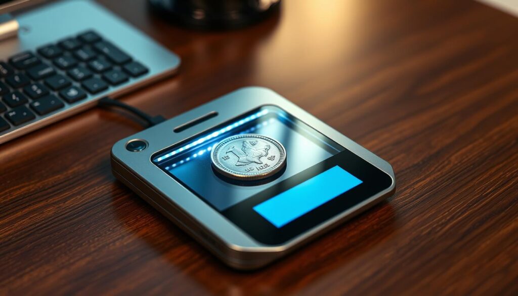 Detailed close-up of a coin identifier device, positioned on a sleek, modern desk. The device has a high-resolution camera, LED lighting, and a digital display showcasing the captured image of an antique coin. The desk is made of dark, polished wood, creating a sophisticated and minimalist atmosphere. Soft, directional lighting from above casts gentle shadows, highlighting the intricate details of the coin and the device's streamlined design. The overall scene conveys a sense of precision, technology, and the joy of coin collecting. Detailed close-up of a coin identifier device, positioned on a sleek, modern desk. The device has a high-resolution camera, LED lighting, and a digital display showcasing the captured image of an antique coin. The desk is made of dark, polished wood, creating a sophisticated and minimalist atmosphere. Soft, directional lighting from above casts gentle shadows, highlighting the intricate details of the coin and the device's streamlined design. The overall scene conveys a sense of precision, technology, and the joy of coin collecting.