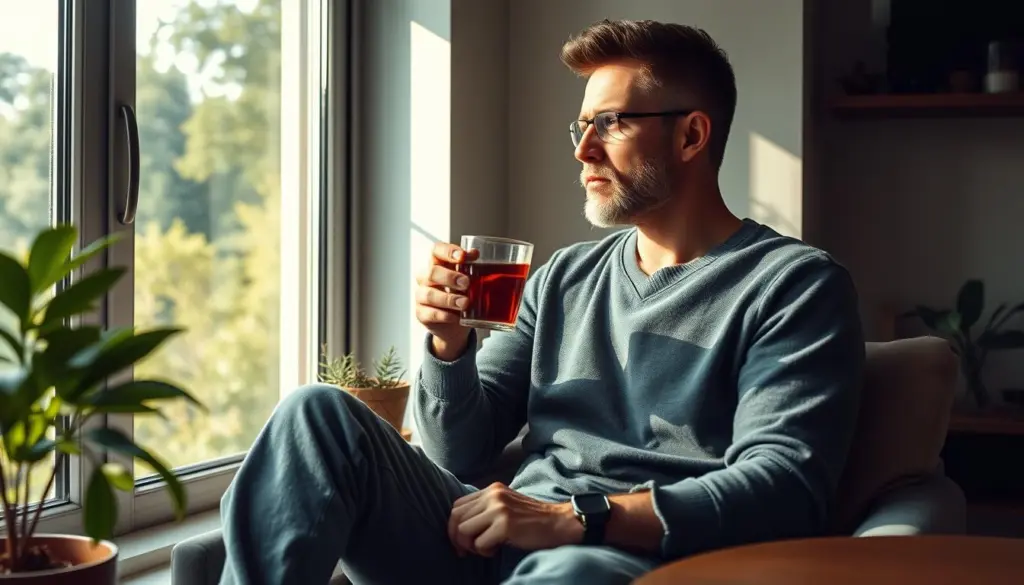 Hombre disfrutando de té herbal para energía masculina durante su rutina matutina en un entorno natural