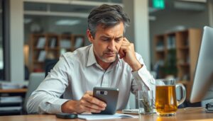 Hombre estresado trabajando con múltiples dispositivos electrónicos, mostrando signos de agotamiento y té herbal para energía masculina en su escritorio