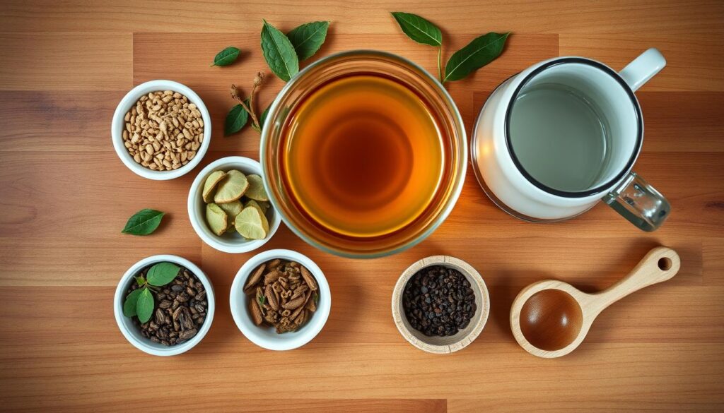 Preparación paso a paso de té herbal para energía masculina con ingredientes naturales dispuestos en orden Preparación paso a paso de té herbal para energía masculina con ingredientes naturales dispuestos en orden