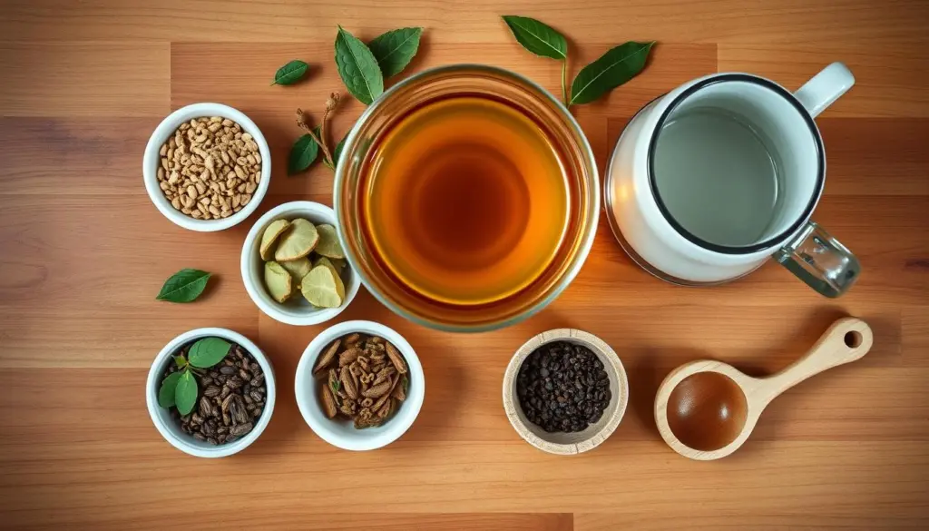 Preparación paso a paso de té herbal para energía masculina con ingredientes naturales dispuestos en orden