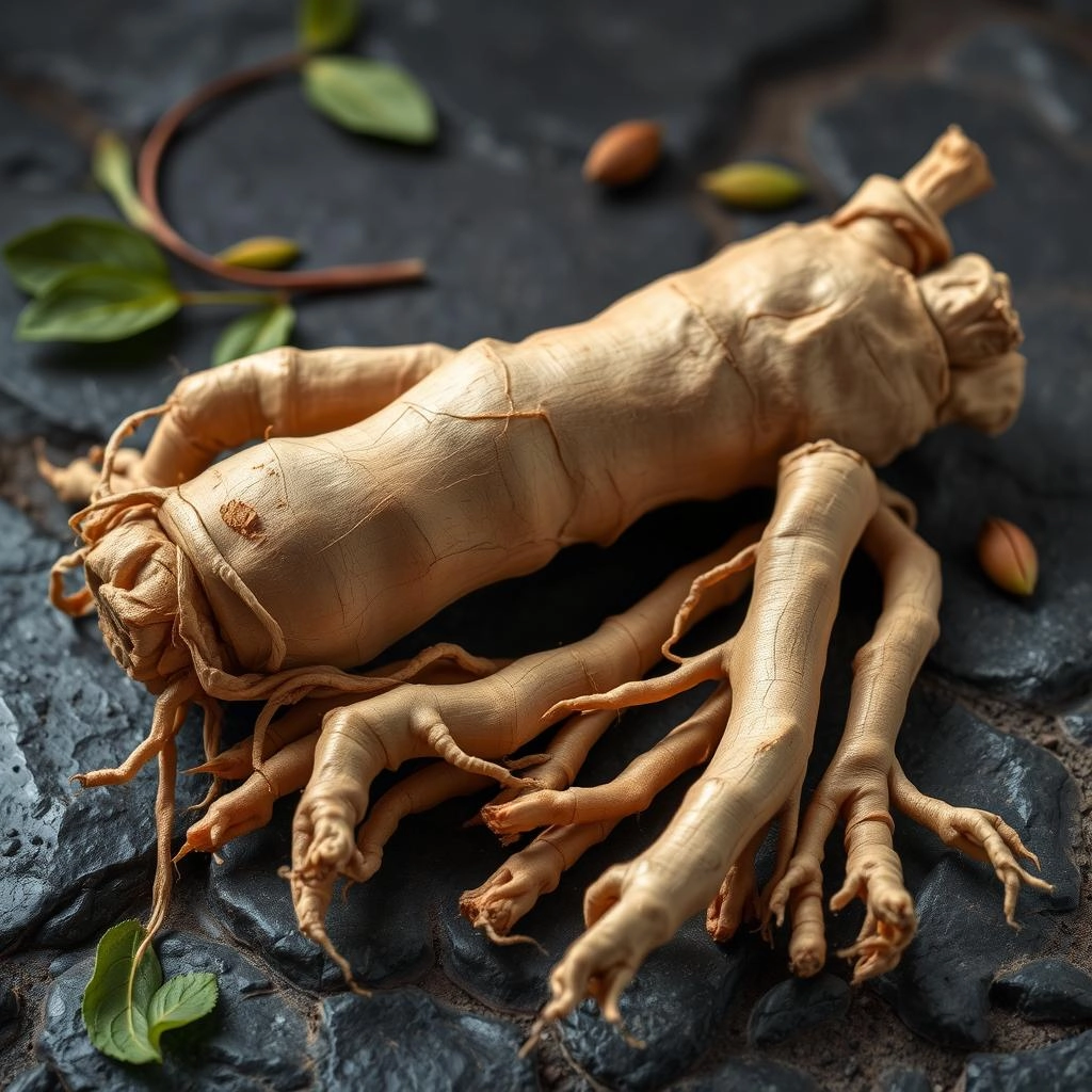 Raíces de ginseng fresco y seco, hierba tradicional usada en té herbal para energía masculina