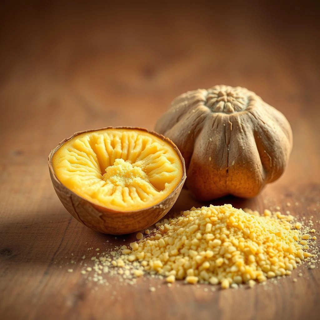 Raíz de maca en polvo y entera, conocida por sus propiedades energizantes y como té herbal para energía masculina