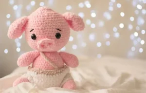 Cerdito tejido estilo amigurumi en una cama suave, ideal para quien quiere empezar y aprende amigurumi desde casa.