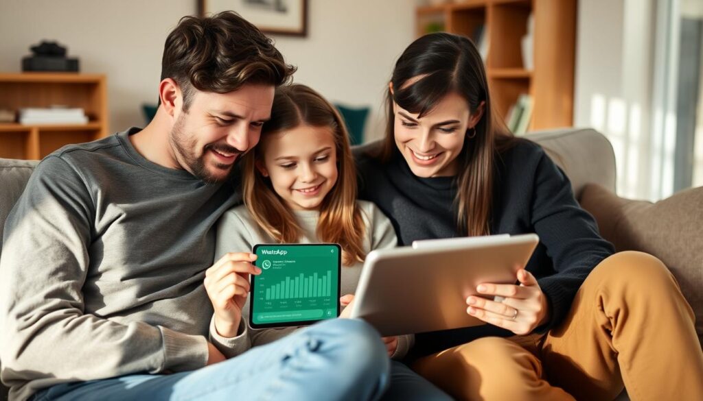 Familia revisando juntos las estadísticas de uso de WhatsApp