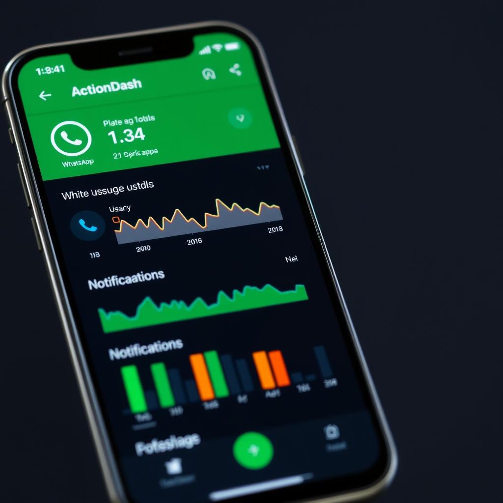 Interfaz de ActionDash mostrando análisis de uso de WhatsApp Interfaz de ActionDash mostrando análisis de uso de WhatsApp