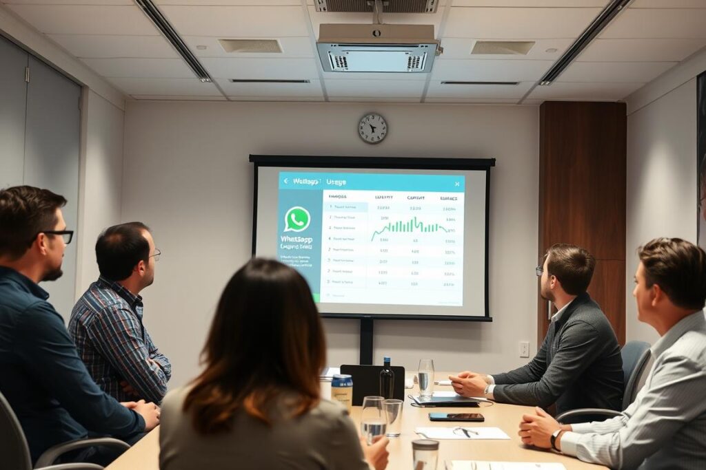 Reunión de equipo analizando datos de uso de WhatsApp